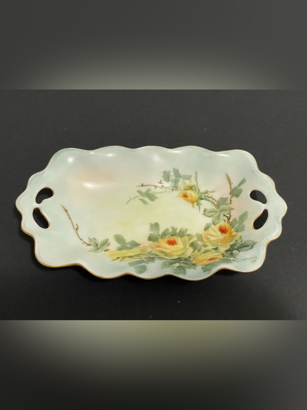 Antique hand-painted porcelain handled relish or trinket vanity tray (Germany)